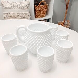 Fenton Milk Glass Hobnail Juice Set - Pitcher and 8 Tumblers